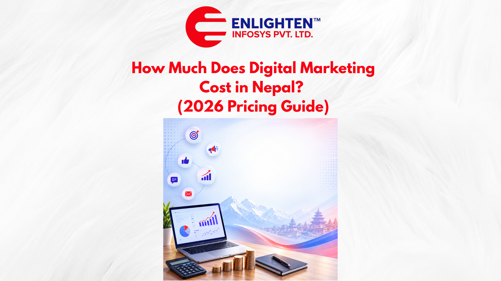 Digital marketing cost in Nepal 2026 pricing guide — laptop with growth charts and marketing icons