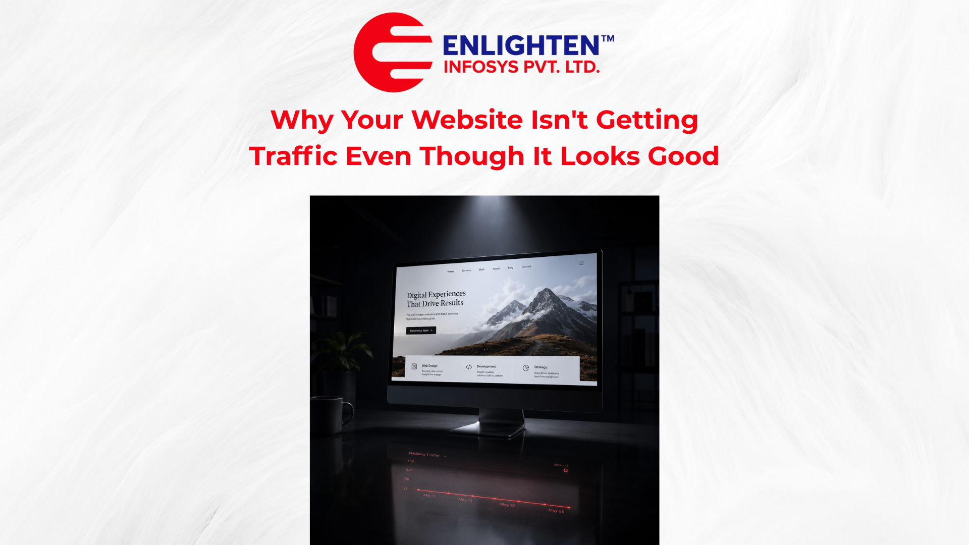 Why your website isn't getting traffic polished website glowing with a faint empty analytics graph reflection