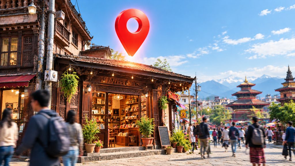 How to set up Google My Business for a shop in Nepal - glowing Google Maps pin above a local shopfront